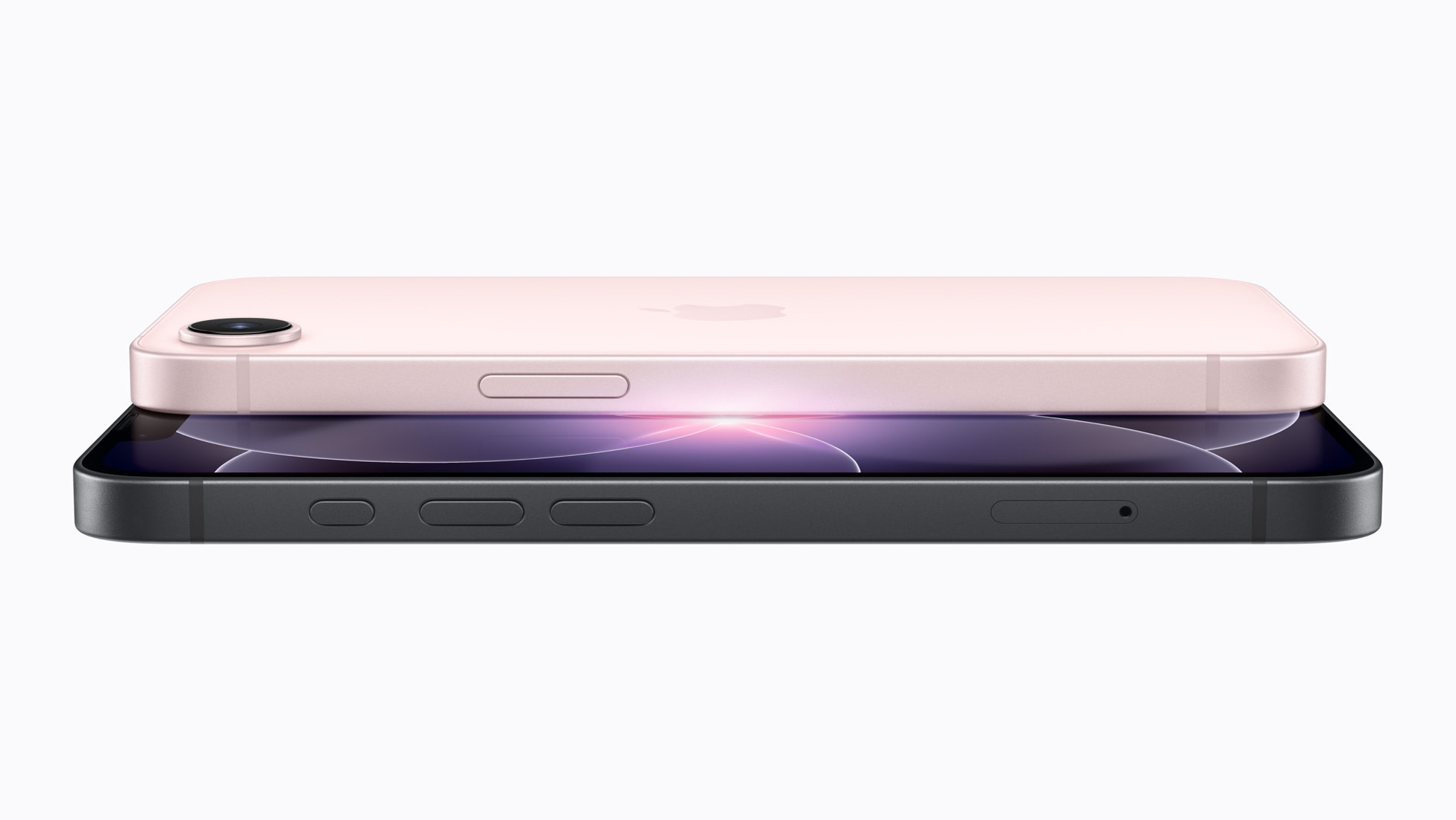 Perfil del Apple iPhone 17e mostrando su diseño ultrafino, botones laterales y cámara trasera en acabado rosa y negro.