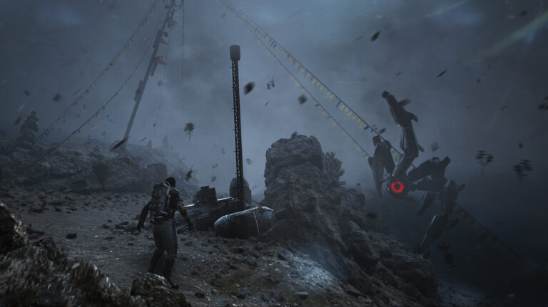 Un raider avanza por la superficie durante un huracán en ARC Raiders, con escombros volando y un dron ARC patrullando entre la niebla.
