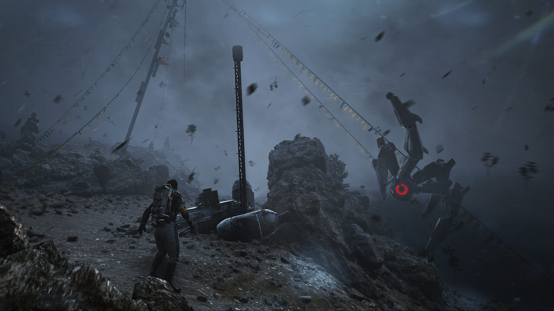 Un raider avanza por la superficie durante un huracán en ARC Raiders, con escombros volando y un dron ARC patrullando entre la niebla.