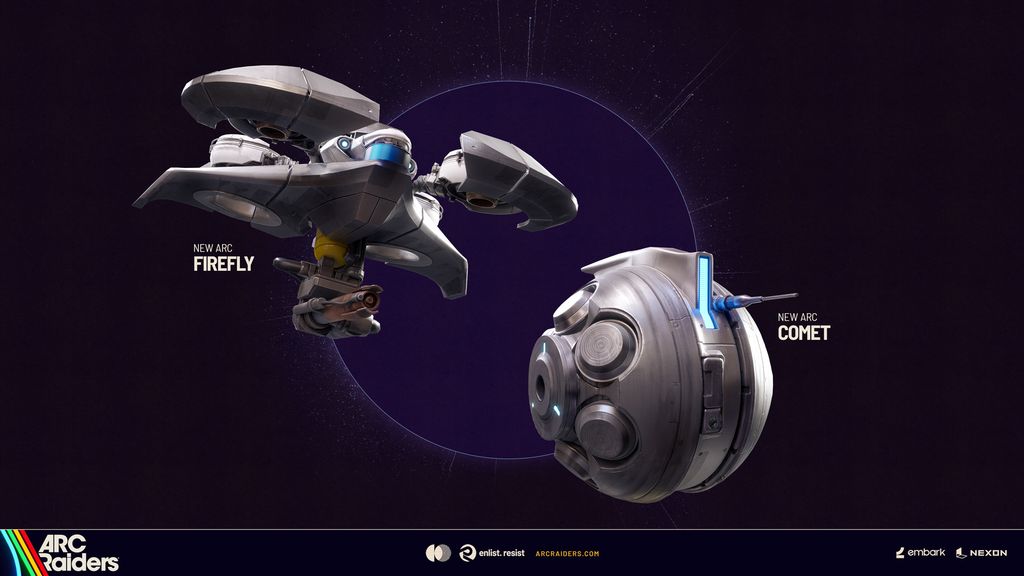 ARC Raiders presenta los nuevos ARC Firefly y Comet en la actualización Shrouded Sky (arte oficial).